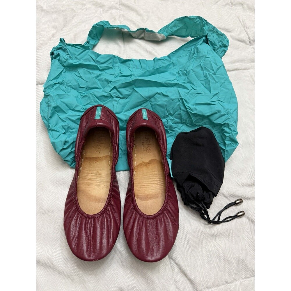 Tieks Burgundy Leather Foldable Ballet Flats Teal Sole Women's US 6 w/ Pouch